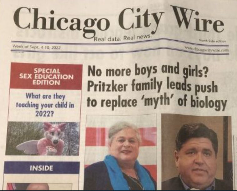 Picture of a "Chicago City Wire" fake newspaper from LGIS with false information about JB Pritzker and his family.
