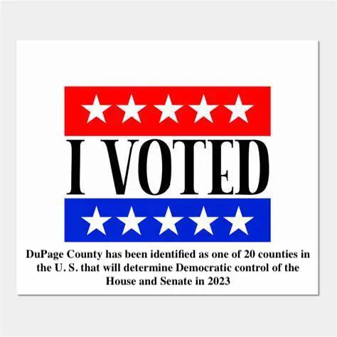 "I voted" sticker with text stating "DuPage County has been identified as one of 20 counties in the U. S. that will determine Democratic Control of the House and Senate in 2023