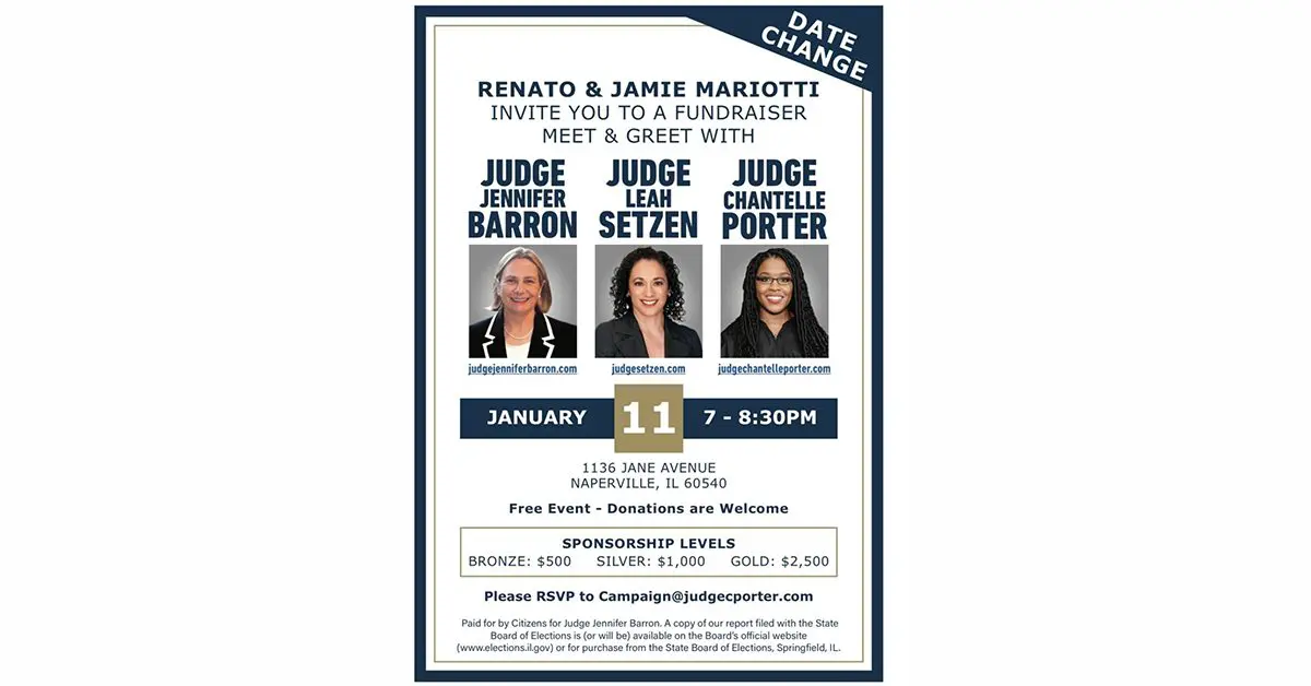 Renato and Jamie Mariotti invite you to a fundraiser Meet and Greet with Judge Jennifer Barron, Judge Leah Setzen and Judge Chantelle Porter! January 11th from 7:00pm to 8:30pm